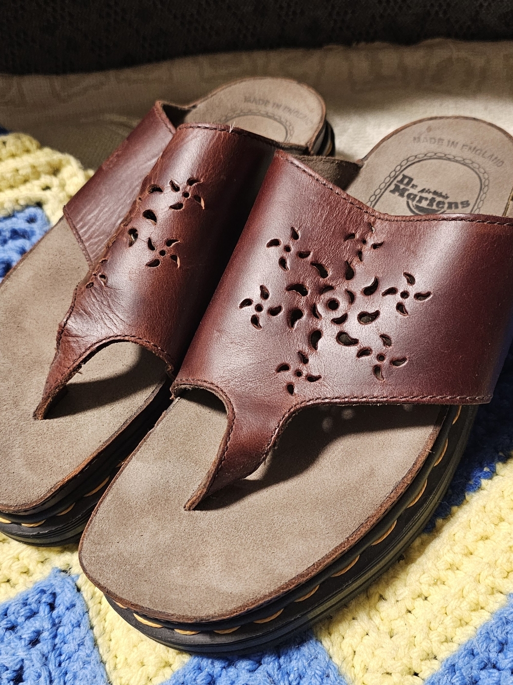 Dr. Martens Women's Brown Leather Toe-Loop Sandals with Floral Cutouts